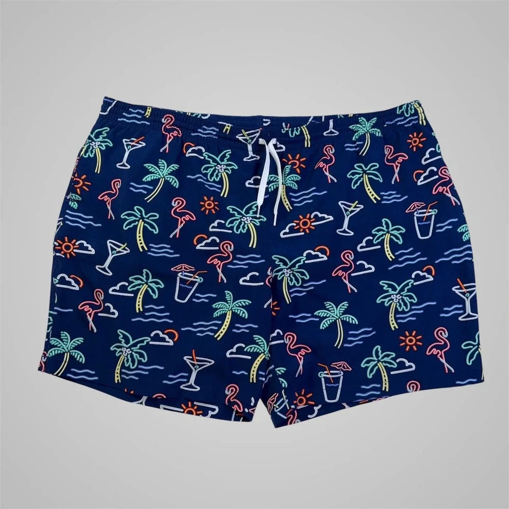 Chubbies Mens Navy Blue Neon Flamingo Palm Tree Print Swim Trunks Mesh Liner 3XL
